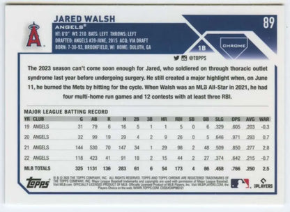 Jared Walsh Los Angeles Angels Topps Chrome baseball card with MLB statistics and info