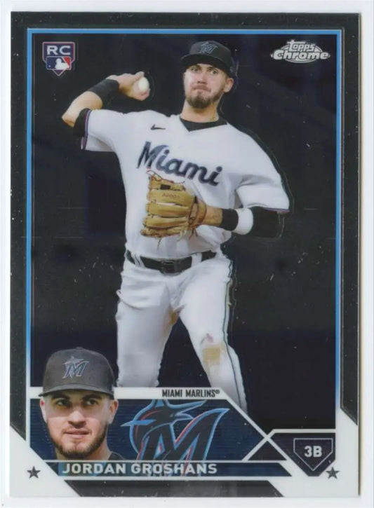 Baseball card of Jordan Groshans in white uniform for Miami Marlins Topps Chrome