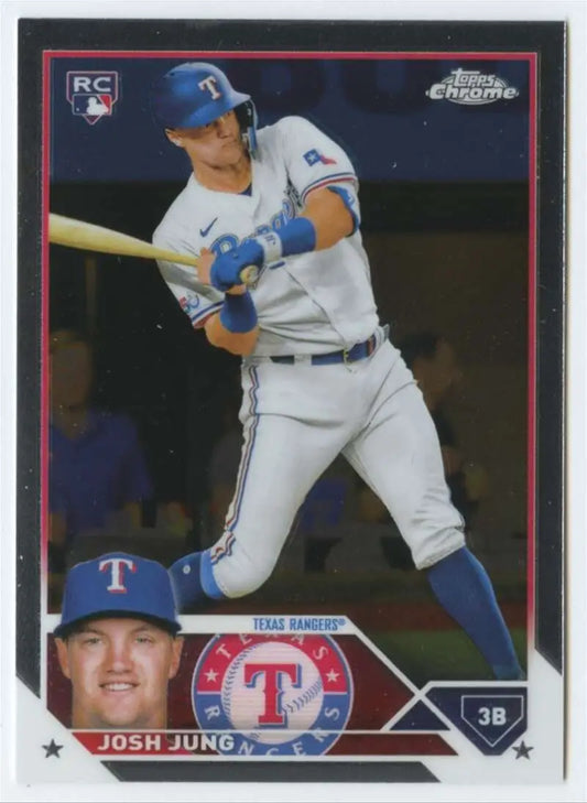 Josh Jung Texas Rangers baseball card in white uniform at bat from 2023 Topps Chrome