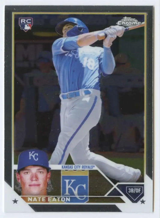 Baseball card of Nate Eaton in light blue uniform for Kansas City Royals Topps Chrome