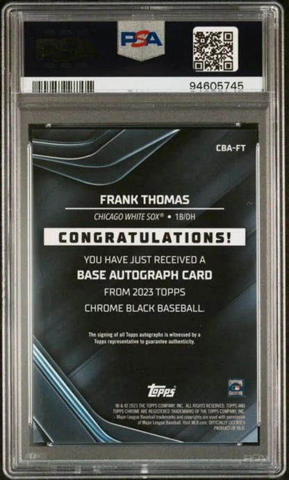 Back of Frank Thomas 2023 Topps Chrome Black auto redemption card, Chicago White Sox