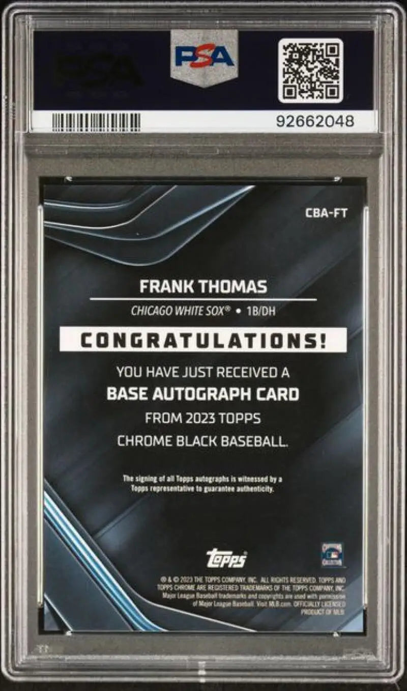 PSA 10 GEM MINT Frank Thomas Topps Chrome Black Auto card with redemption notice