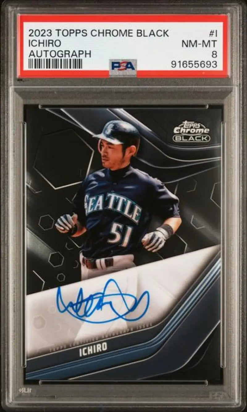 PSA-graded 2023 Topps Chrome Black Baseball Card of Seattle Mariners player #51 Autograph