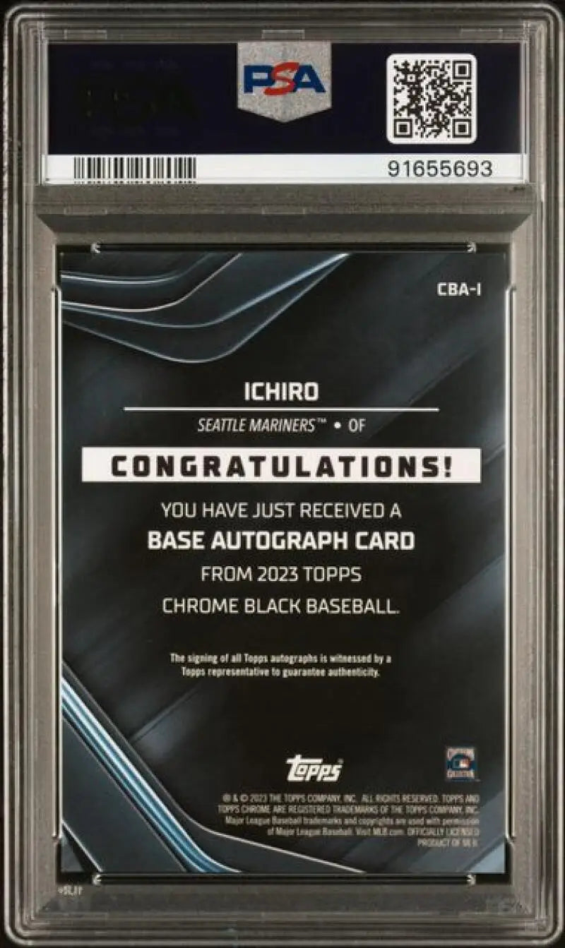 PSA-graded Topps Chrome Black Ichiro baseball card with autograph redemption notice