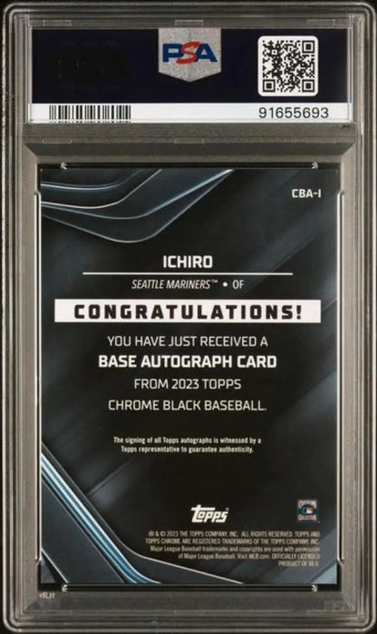 PSA-graded Topps Chrome Black Ichiro baseball card with autograph redemption notice