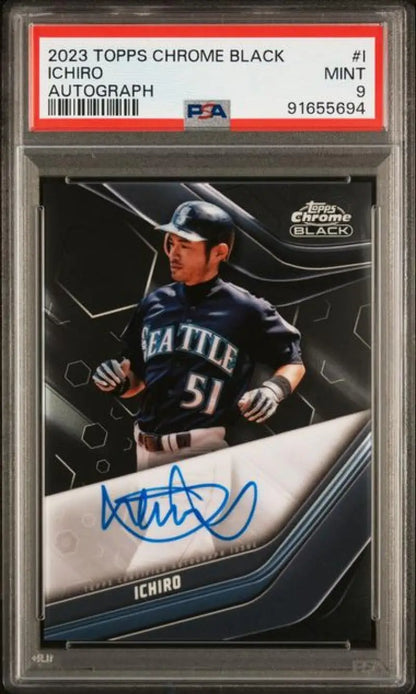 PSA-graded 2023 Topps Chrome Black Ichiro autographed Seattle Mariners baseball card