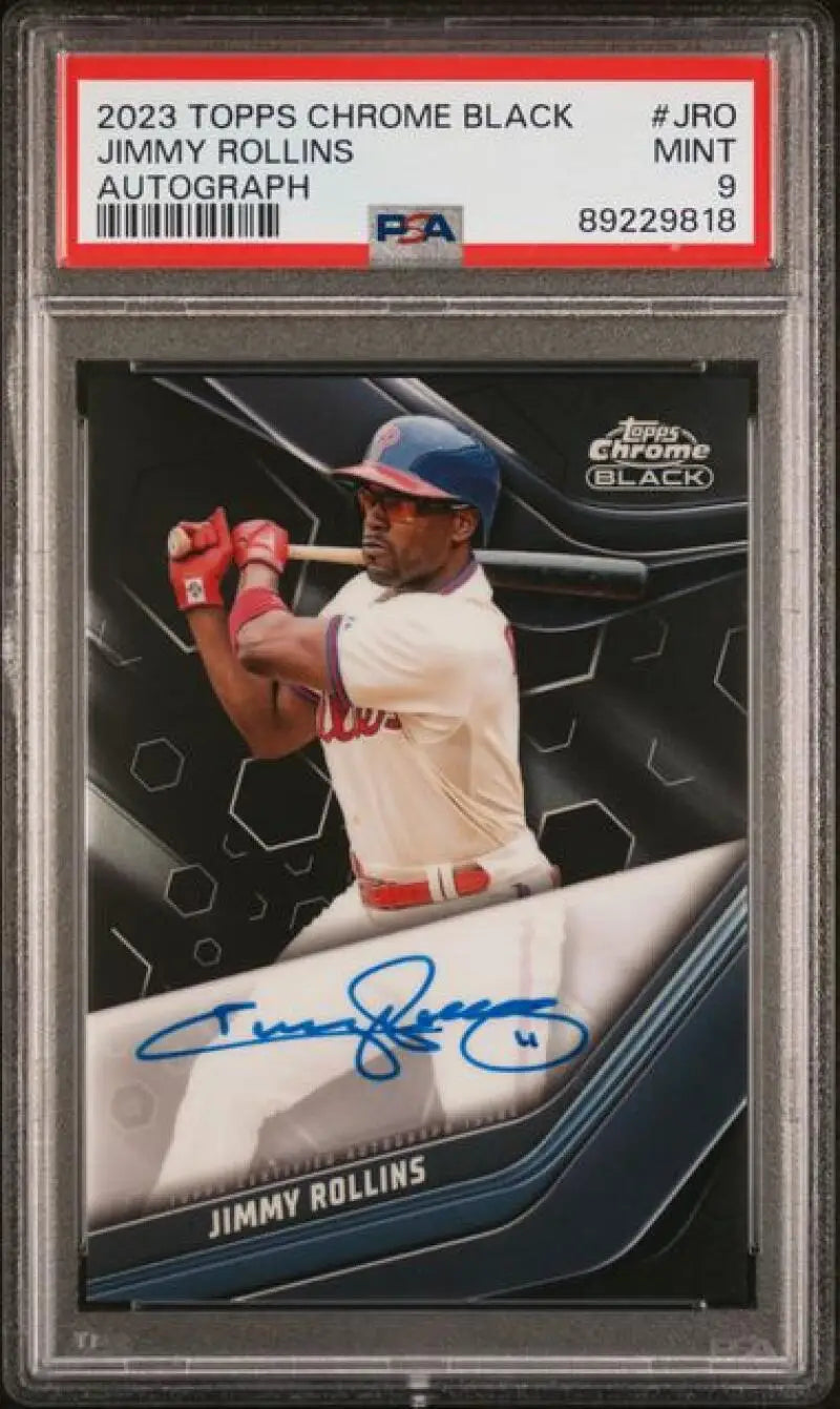 PSA-graded 2023 Topps Chrome Black autographed Jimmy Rollins baseball card in case