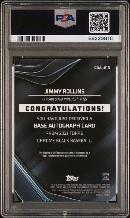 PSA 9 Mint Jimmy Rollins Topps Chrome Black Baseball Card with Autograph Redemption Notice