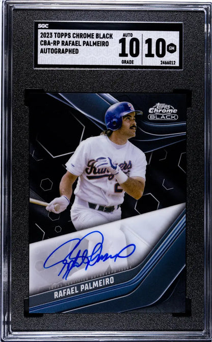 Graded 2018 Topps Chrome Black Rafael Palmeiro autographed Texas Rangers baseball card