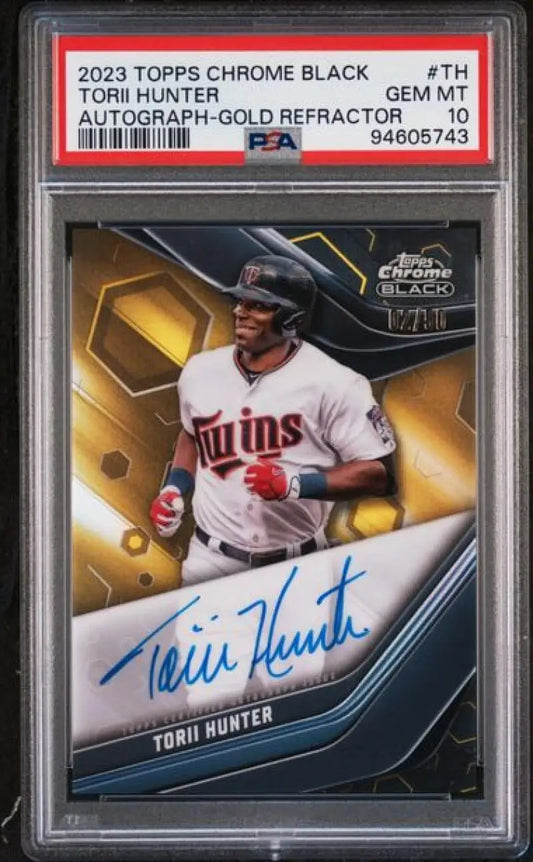 PSA 10 Gem Mint Torii Hunter Minnesota Twins Autographed Card on Gold Refractor Background