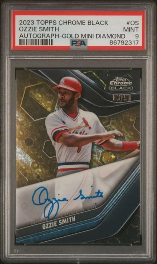 PSA-graded 2023 Topps Chrome Black Ozzie Smith autographed Cardinals baseball card