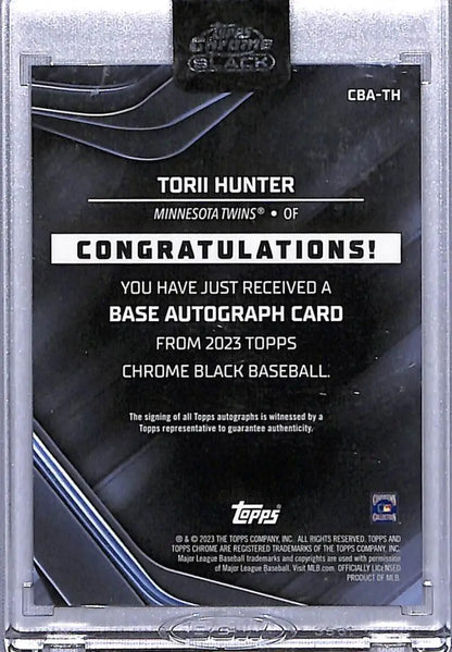 Back of 2023 Topps Chrome Black Orange Torii Hunter autographed card for Minnesota Twins