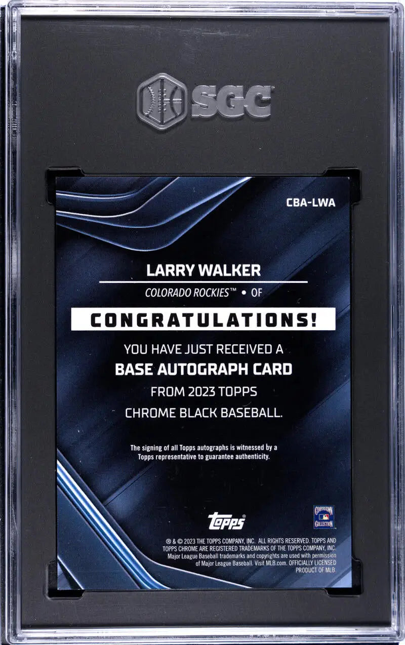 Baseball card redemption notice for Larry Walker Black Refractor Gem Auto in protective case