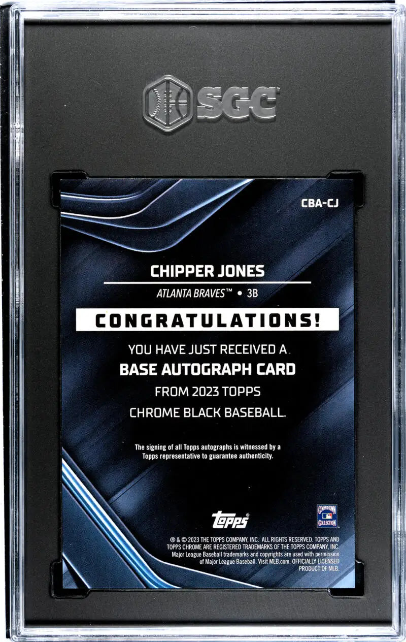 BGS-graded Chipper Jones Black Refractor Orange autographed card 6/25 from 2023 Topps Chrome