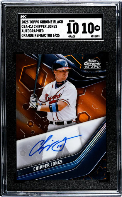 Graded Chipper Jones 2023 Topps Chrome Black Refractor Orange Baseball Card SGC 10 Gem