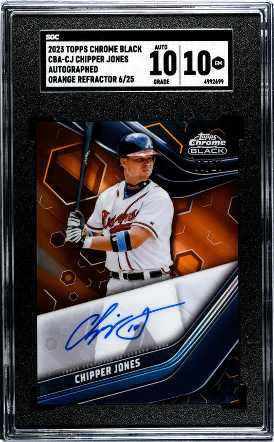 Graded Chipper Jones 2023 Topps Chrome Black Refractor Orange Baseball Card SGC 10 Gem