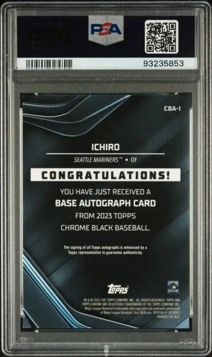 Back of PSA 10 GEM MINT 2021 Topps Chrome Black Ichiro Autograph Baseball Card