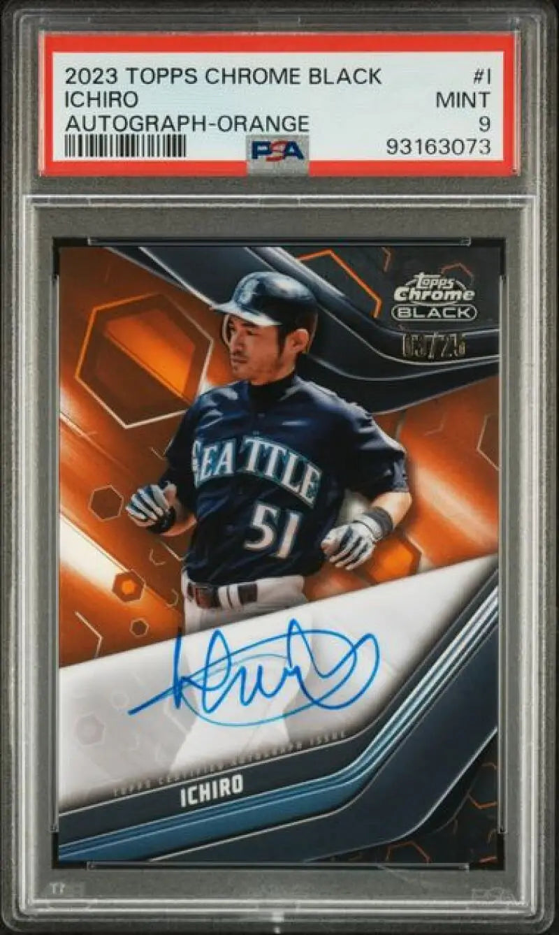 PSA-graded 2023 Topps Chrome Black Refractor Orange Seattle Mariners baseball card with auto