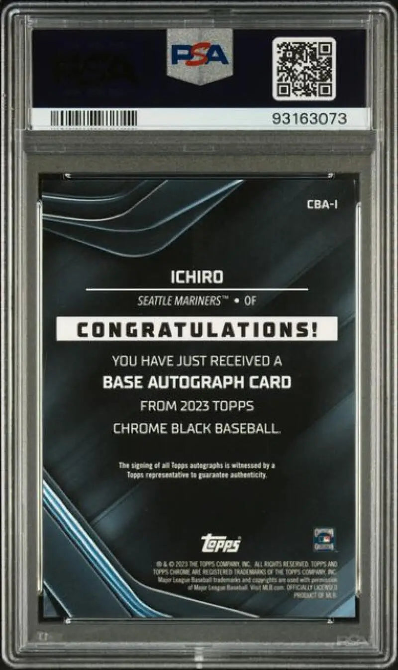 Back side of 2022 Topps Chrome Black Refractor Orange Ichiro Baseball Card in PSA case