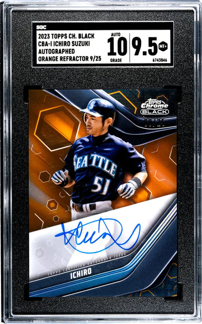 Graded Seattle Mariners Ichiro baseball card with black refractor orange design and auto