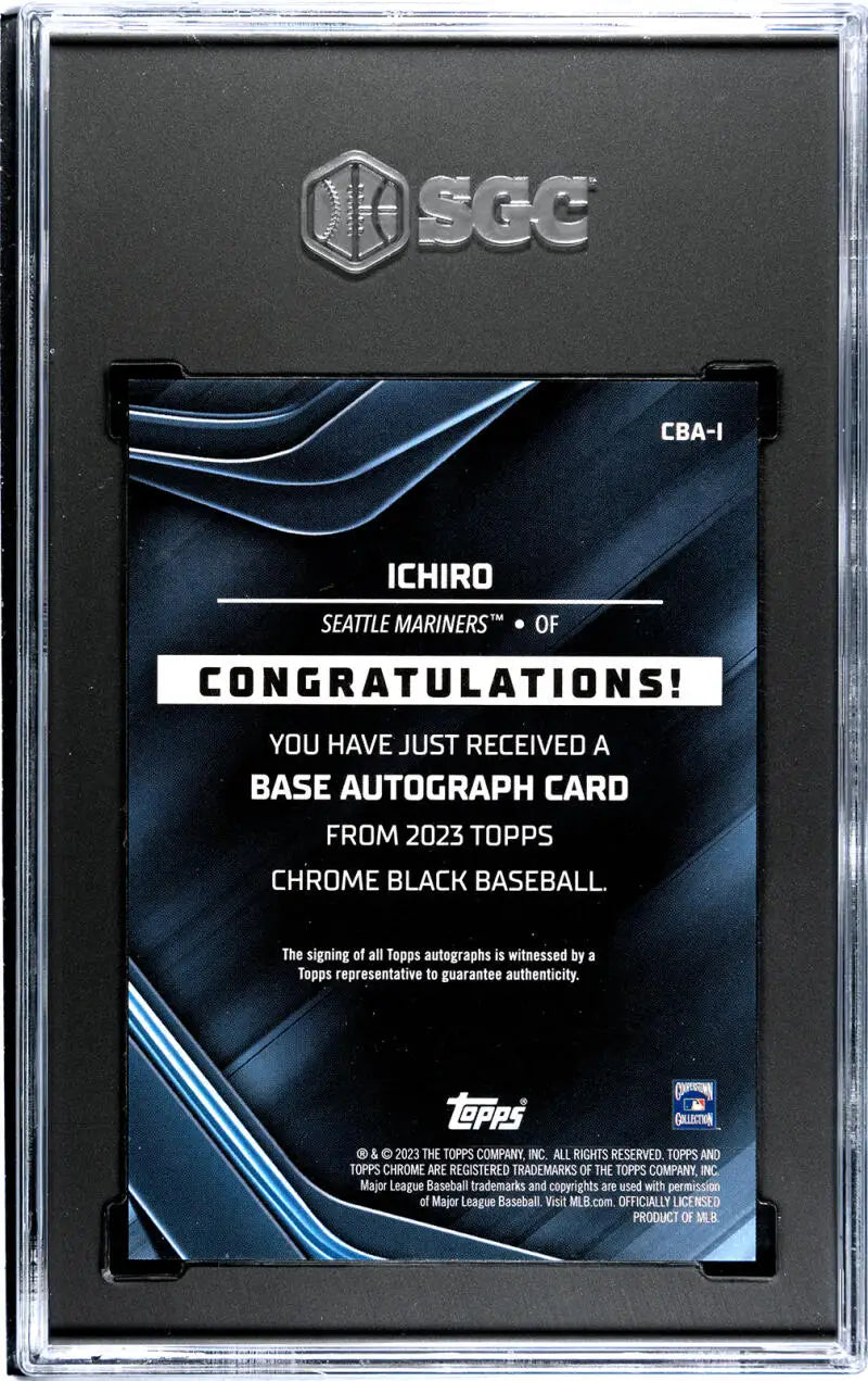 Black protective card case featuring 2023 Topps Chrome Black Refractor Orange Ichiro auto