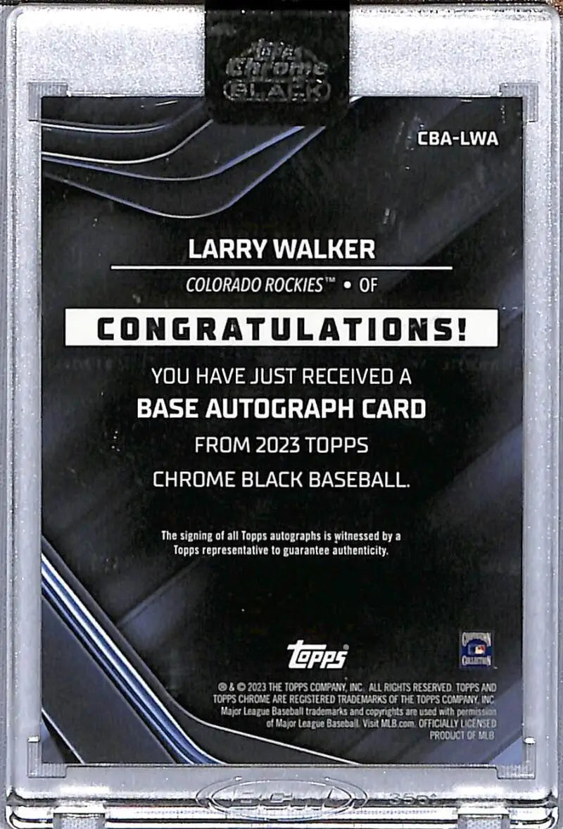 Back side of 2023 Topps Chrome Black Refractor Orange Larry Walker autograph card