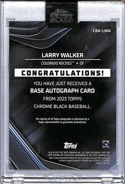 Back side of 2023 Topps Chrome Black Refractor Orange Larry Walker autograph card