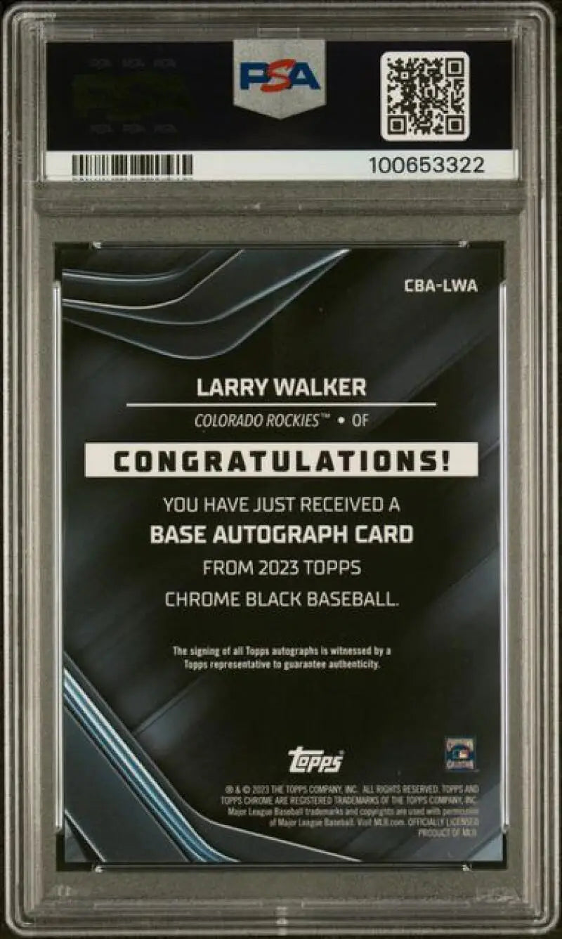 PSA-graded Larry Walker baseball card from 2023 Topps Chrome Black Colorado Rockies