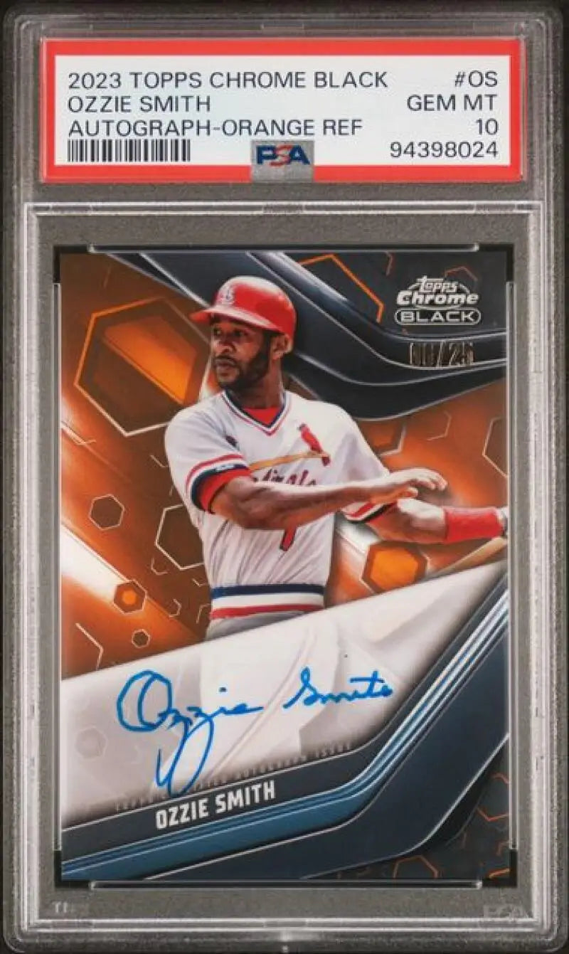 PSA 10 Ozzie Smith 2023 Topps Chrome Black Refractor Orange autographed baseball card