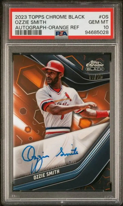 PSA 10 Gem Mint Ozzie Smith 2023 Topps Chrome Black Orange Refractor Auto Baseball Card