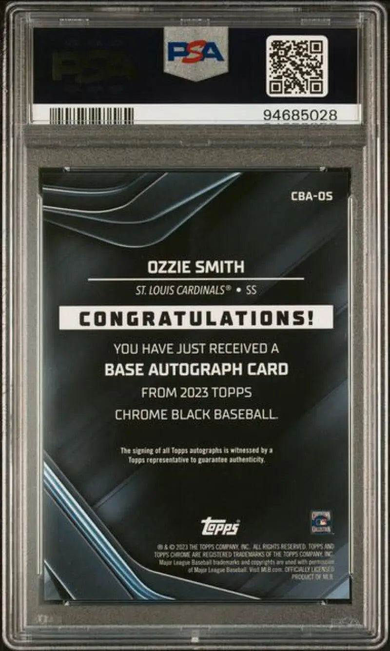 PSA-graded autograph redemption card of Ozzie Smith for 2023 Topps Chrome Black Baseball