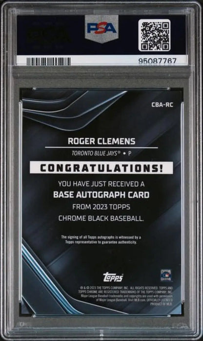 Back side of a PSA-graded Topps Chrome Black Refractor baseball card for Roger Clemens