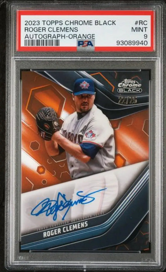 PSA-graded 2023 Topps Chrome Black Roger Clemens Auto baseball card with New York Mets pitcher