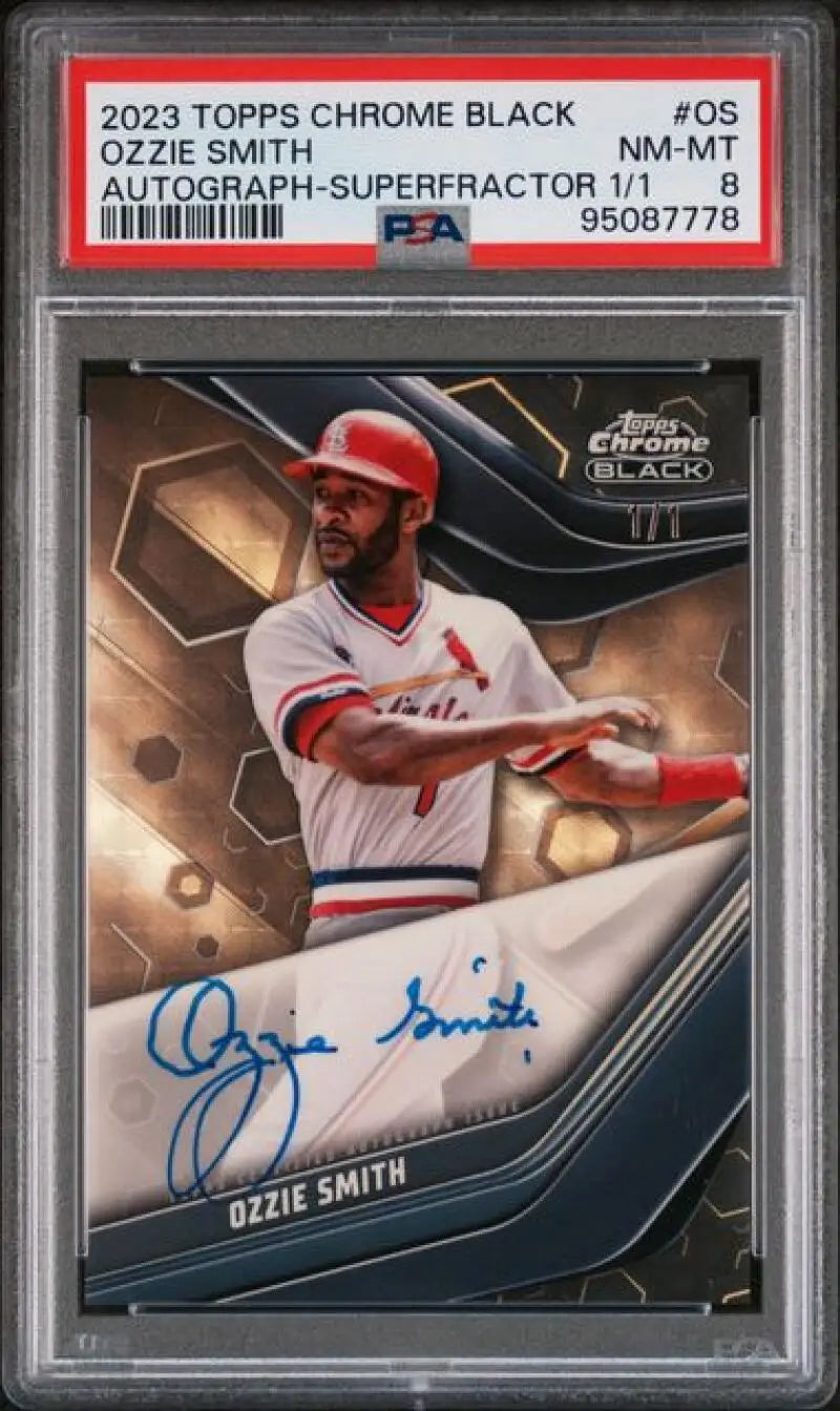 PSA-graded 2023 Topps Chrome Black SuperFractor Ozzie Smith autographed baseball card