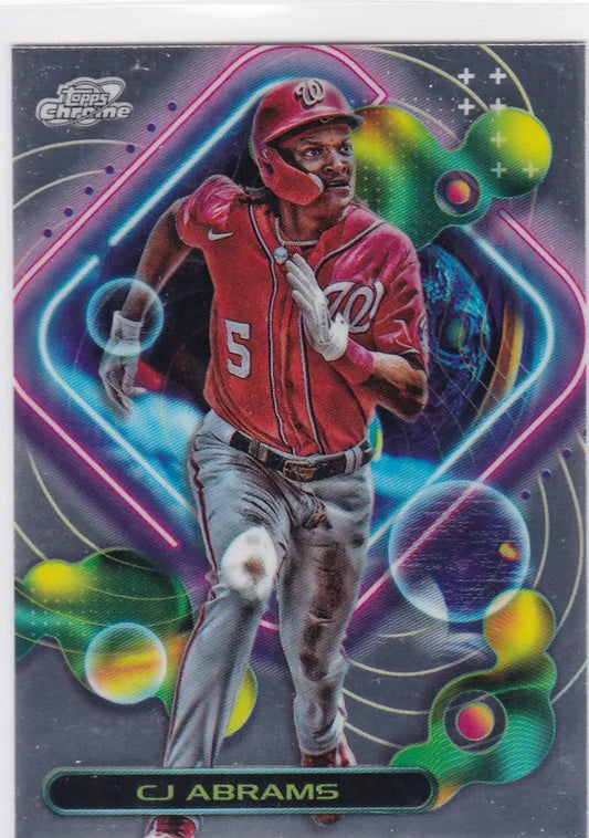 Baseball trading card of CJ Abrams in red uniform from Topps Chrome Cosmic series