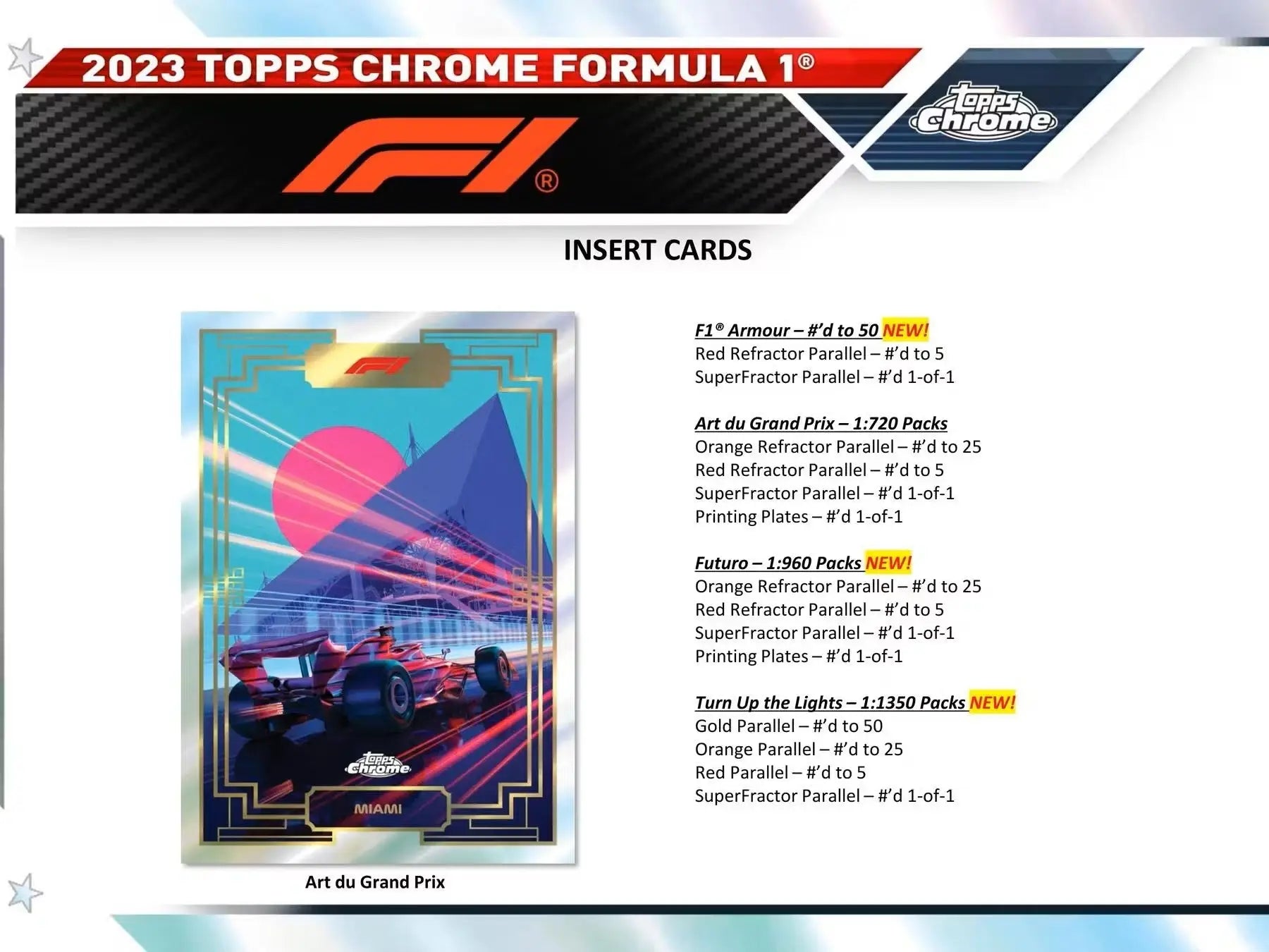 Trading card of a Formula 1 car with geometric art in a 2023 Topps Chrome F1 box