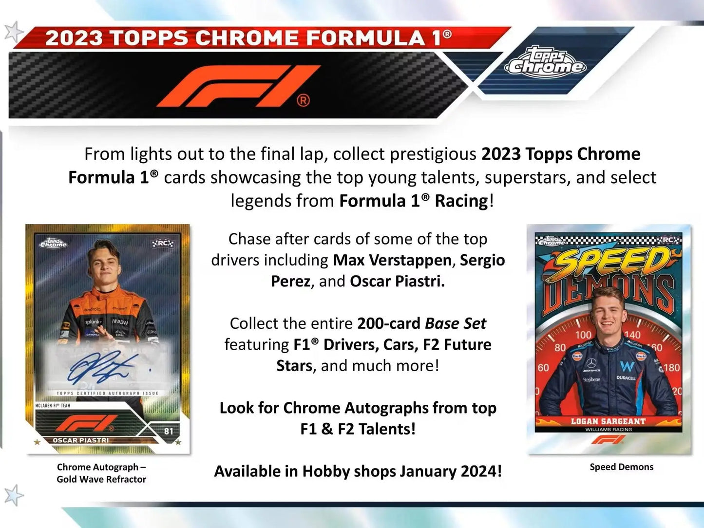 Advertisement for 2023 Topps Chrome F1 Racing Hobby Box with driver photos and refractor parallels