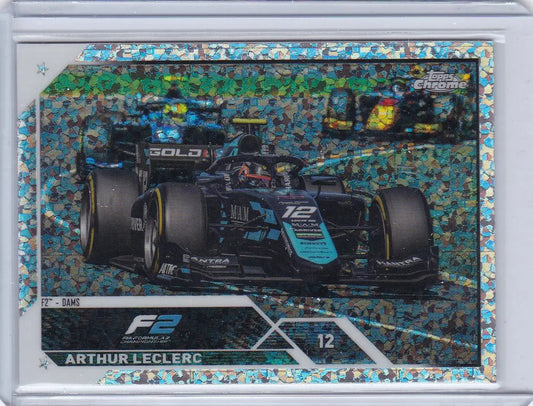 Formula 2 racing car in dark and light blue livery on Topps Chrome Formula Arthur Leclerc Mini Diamond card