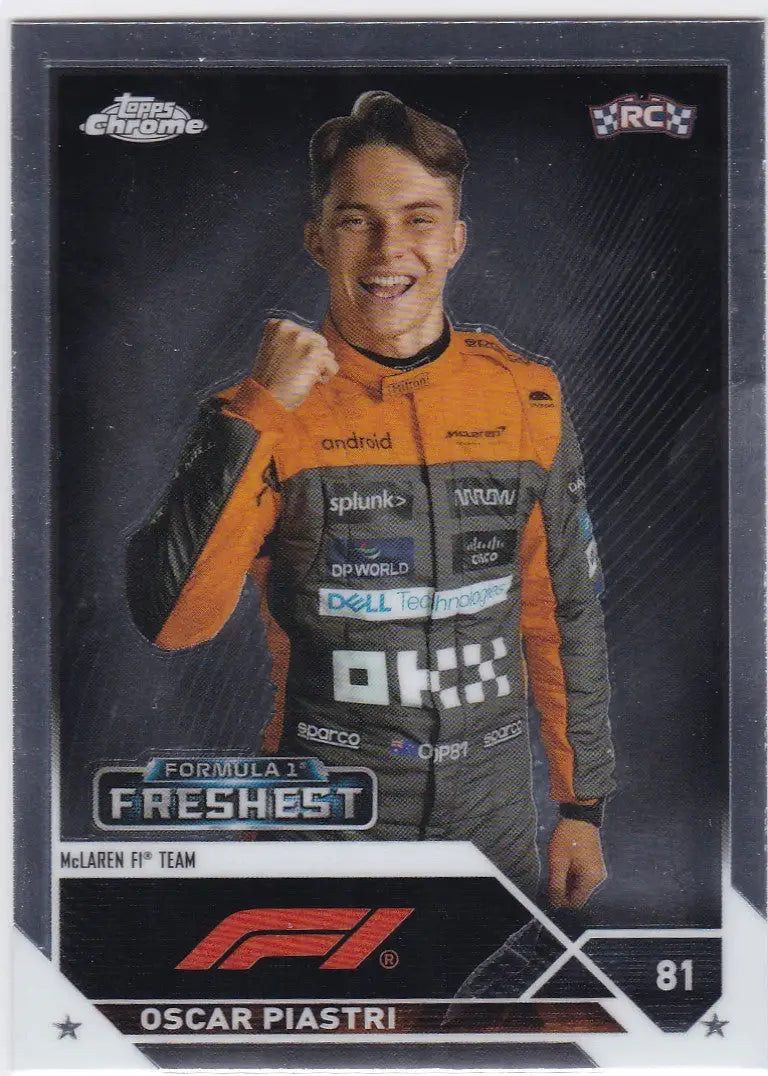 Oscar Piastri smiling in orange and black Formula 1 uniform on Topps Chrome Formula card