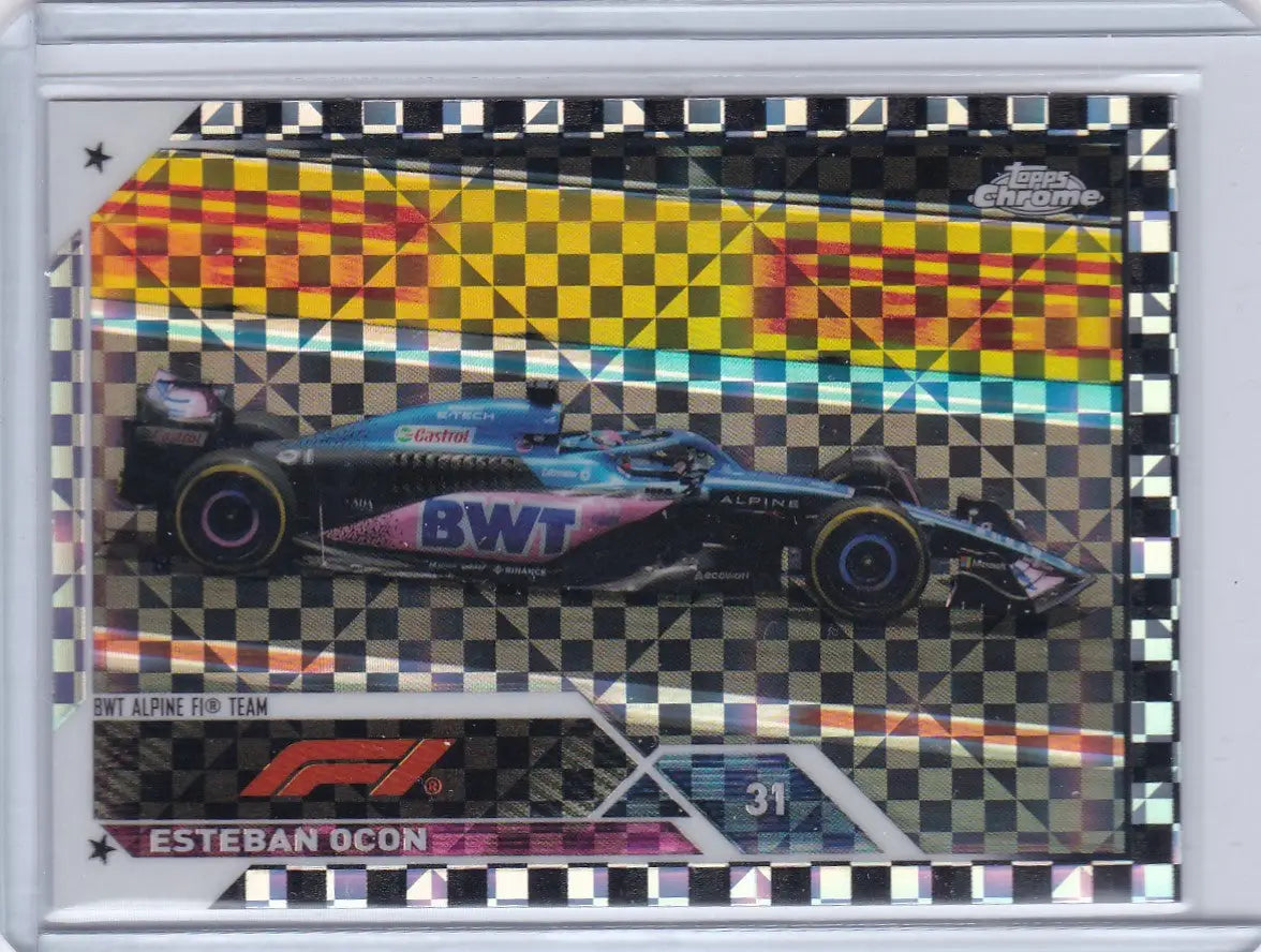 Esteban Ocon Checkerboard Xfractor Alpine trading card with holographic pattern