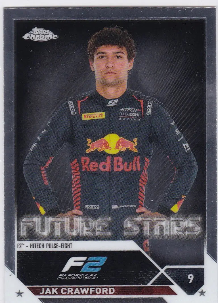 Racing driver trading card of Jak Crawford Future Stars in Red Bull team attire