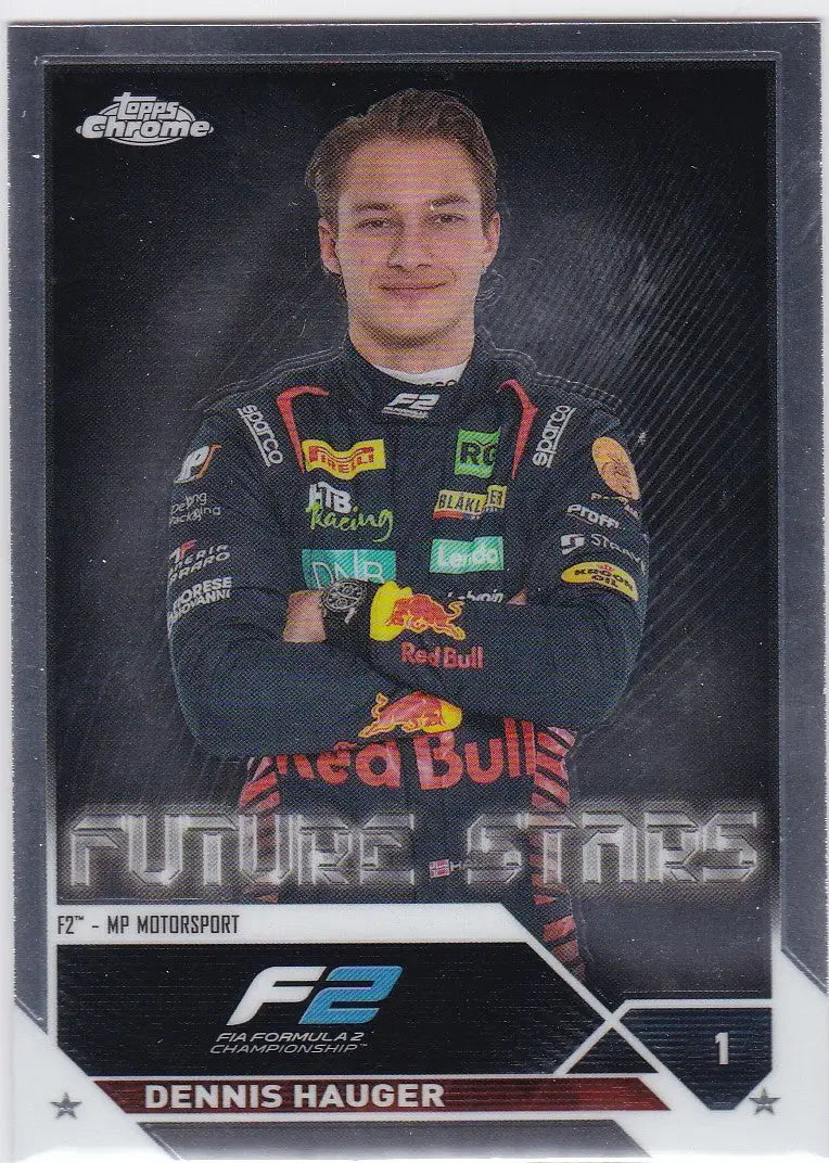 Racing driver trading card of Dennis Hauger in Red Bull uniform from Topps Chrome Formula 1