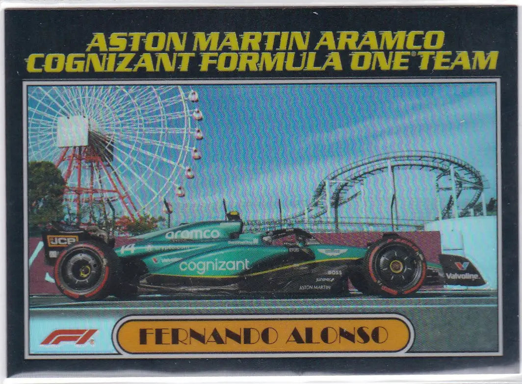 Aston Martin Formula One car in teal and black livery featuring Fernando Alonso Insert