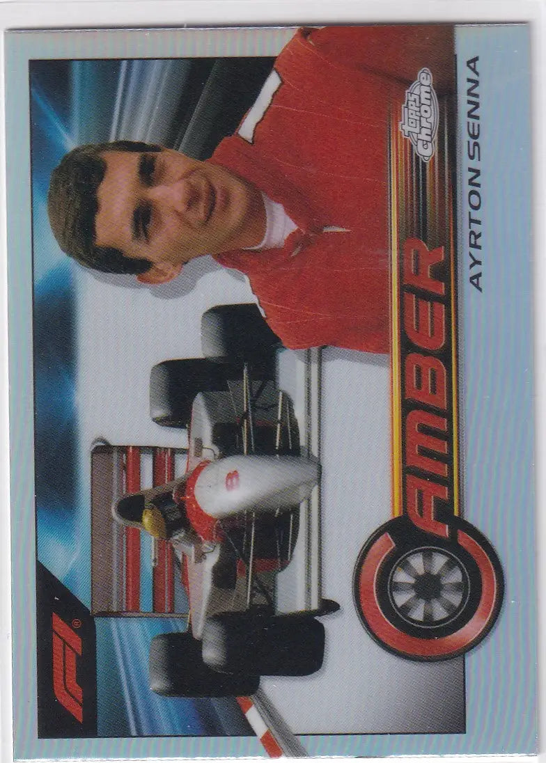 Trading card of Ayrton Senna in red uniform from 2023 Topps Chrome Formula 1