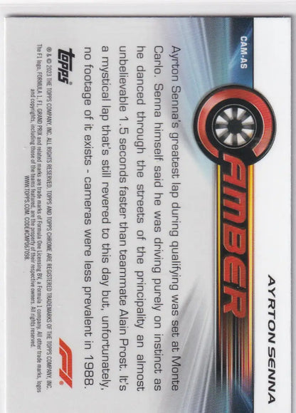 Racing wheel logo in red and black for Topps Chrome Formula 1 Ayrton Senna card