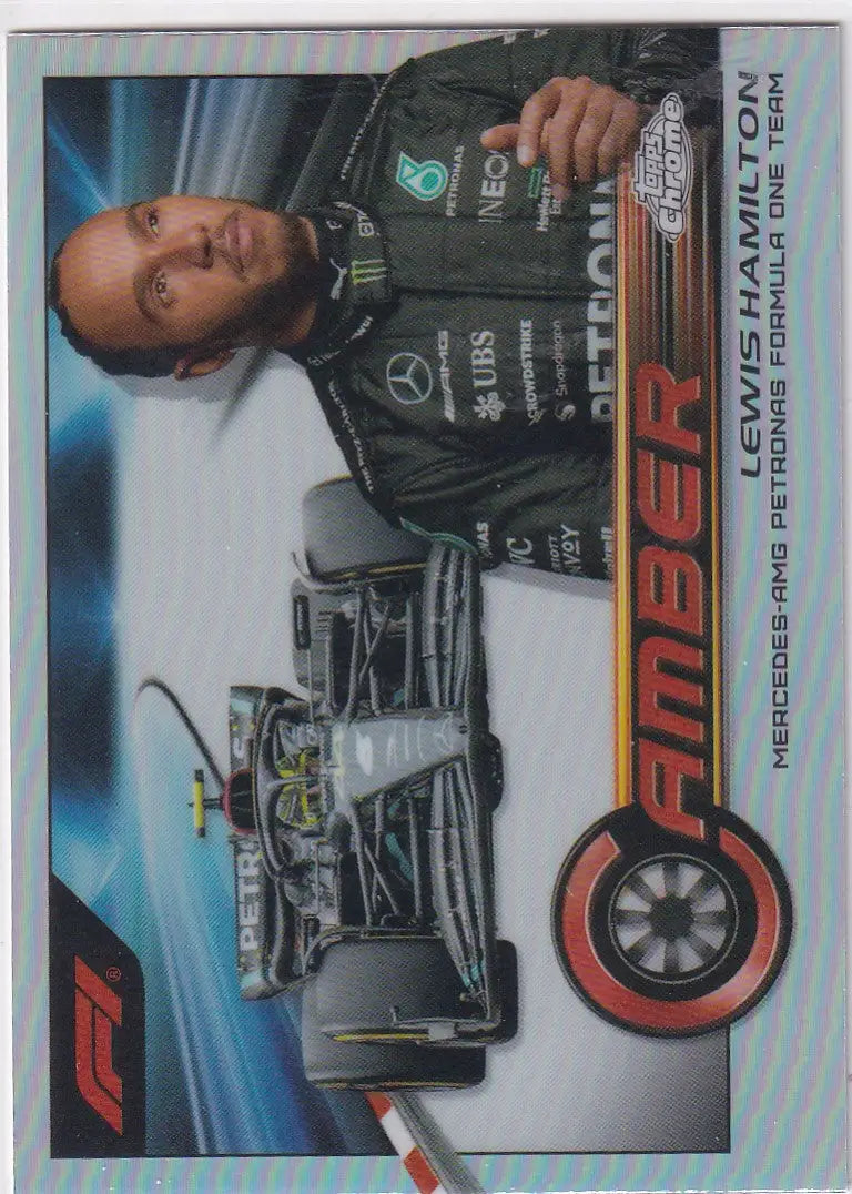 Lewis Hamilton in a Mercedes jacket with sponsor logos from Topps Chrome Formula 1