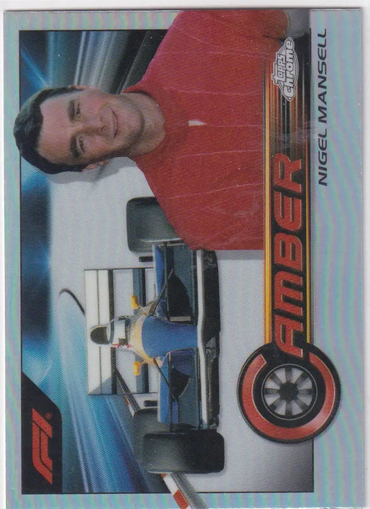 Trading card of Topps Chrome Formula 1 featuring Nigel Mansell and race car design