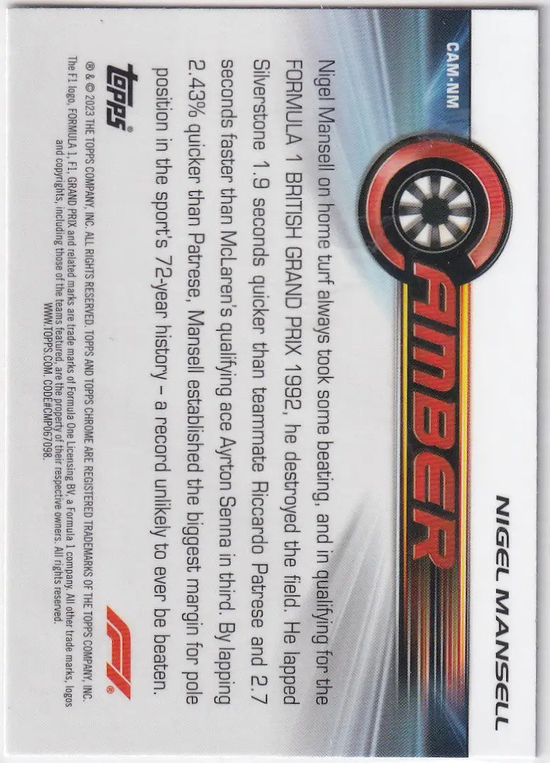 Trading card featuring red and black Fiber logo from Topps Chrome Formula 1