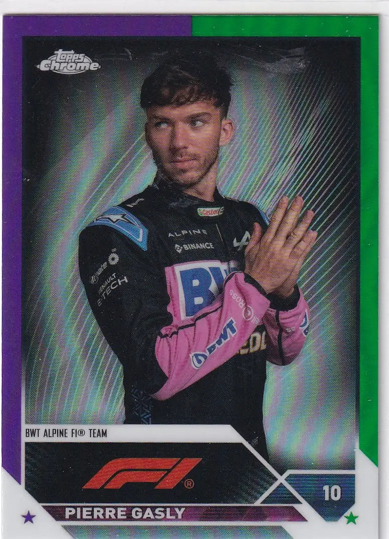 2023 Topps Chrome Formula 1 Purple Green #52 Pierre Gasly trading card with chrome finish