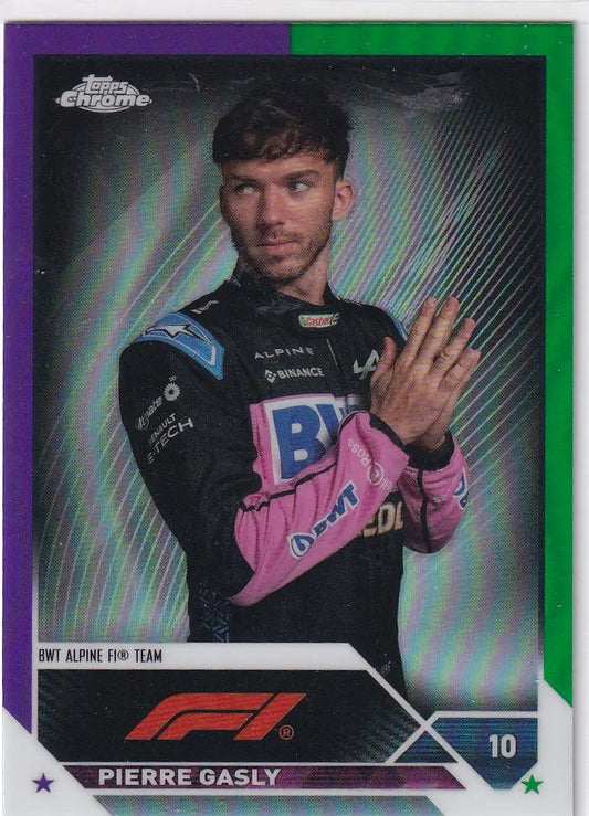 2023 Topps Chrome Formula 1 Purple Green #52 Pierre Gasly trading card with chrome finish